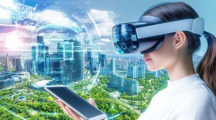 Poster - Immersive Virtual Reality Experience of Futuristic Smart City Skyline with Cutting Edge Technology and Innovation  Digital visualization of an interconnected