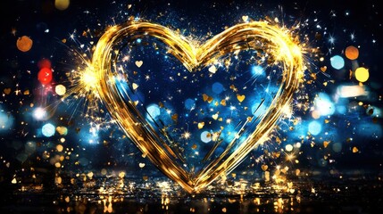 Poster - Glowing heart shaped fireworks display with shimmering sparkles and lights against a backdrop of an illuminated night city skyline creating a romantic and magical atmosphere
