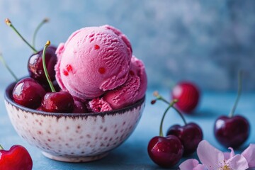 Poster - A bowl of ice cream with cherries on a table, perfect for dessert or snack