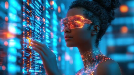 Poster - Futuristic digital workspace with glowing holographic interface and data analytics  Immersive virtual intelligence and cutting edge technology concepts
