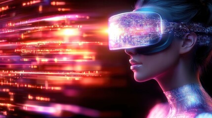 Poster - a young woman wearing a futuristic virtual reality headset is immersed in a surreal digital universe
