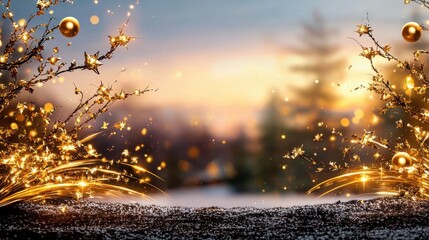 Poster - Enchanting winter wonderland landscape with sparkling twinkling lights festive ornaments and a cozy peaceful atmosphere
