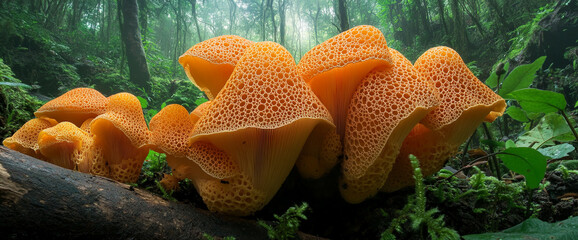 Poster - A close-up shot of a group of vibrant orange netted stinkhorn mushrooms growing in the forest with sunlight filtering through the trees, showcasing their intricate texture and structure.