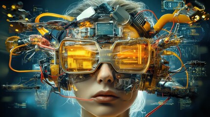 Poster - Futuristic cyborg woman wearing virtual reality headset immersed in a surreal digital landscape of data technology and visionary imagination  Concept of advanced intelligence augmented reality