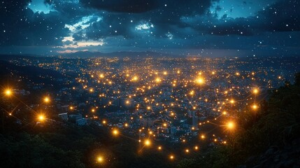 Poster - Night city lights, starry sky, aerial view