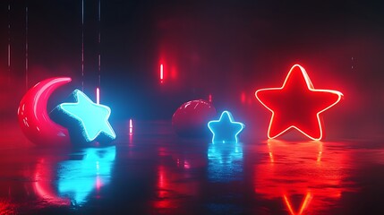 Wall Mural - Neon Stars and Crescent Moon Reflect in Dark Surface