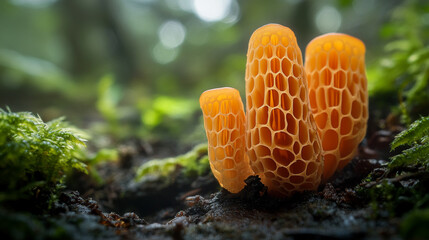Poster - Close-up view of a rare orange Phallus indusiatus fungus growing in the forest, showcasing its unique net-like structure, symbolizing nature's biodiversity and fungal beauty.