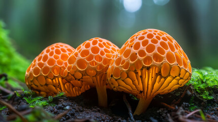 Poster - Close-up view of rare orange Phallus indusiatus fungus growing on the forest floor, showcasing its unique net-like structure and vibrant color, representing natureâ€™s fascinating biodiversity.