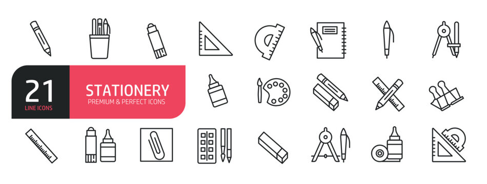 Set of line icons related to ruler, artist's palette, pencil, paintbrush. Outline icons collection. Editable stroke. Vector illustration.