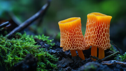 Poster - Close-up view of rare orange Phallus indusiatus fungus showing its intricate net-like texture growing on forest soil, symbolizing the complexity of nature's hidden wonders.