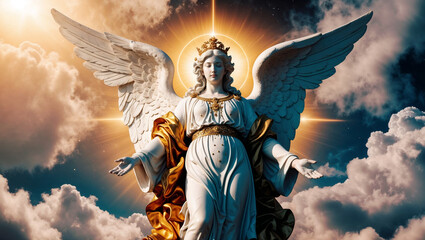 Wall Mural - beautiful angel archangel with sin over cloudy sky, angel of peace and blessing