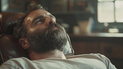 Poster - A man with a beard lies back in a comfortable chair, his face glistening with sweat and reflecting a moment of deep thought in a warm, intimate setting.