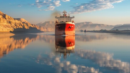 Aufkleber - A sizable cargo ship navigates a calm river at sunrise, surrounded by majestic mountains under a clear sky. Its vibrant red hull contrasts beautifully with the serene surroundings.
