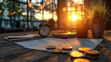 Poster - Cozy and inviting wooden desk setup with laptop coffee mug plant and warm sunset lighting  Ideal workspace for productive focus research writing or creative work in a relaxing natural environment