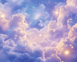Poster - A beautiful sky filled with soft, fluffy clouds and sparkling stars, creating a dreamy, ethereal atmosphere, symbolizing peace, serenity, and cosmic wonder.