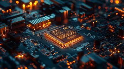 Poster - Abstract Technology Background Digital Circuit Board Glowing Orange Microchip Electronic Components High Tech Innovation Modern Design Futuristic     