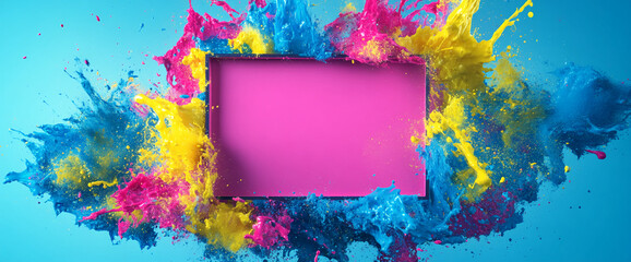 Aufkleber - Bright pink frame surrounded by splashes of blue, yellow, and pink paint on a vibrant blue background, symbolizing creativity, art, and dynamic design with free space for text.