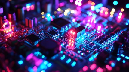 Poster - Abstract Technology Background Futuristic Circuit Board Design Neon Pink Blue Glowing Lights Digital Art High Tech Innovation Electronic Components   