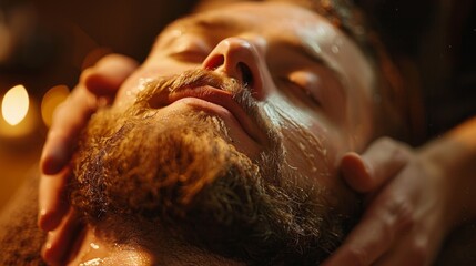 Aufkleber - A man enjoys a soothing grooming experience as warm oils are applied to his beard. Soft lighting creates a calm atmosphere, enhancing relaxation.