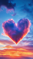 Aufkleber - A heart-shaped cloud formation in the sky during sunset, glowing with purple and orange hues, symbolizing love, romance, and natureâ€™s beauty.