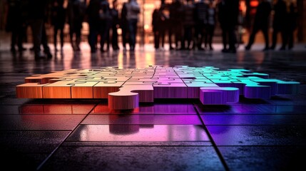 Poster - Vibrant geometric patterns and colorful reflections illuminating the pavement of a bustling city street at night  Urban architecture and modern design elements create a striking visual scene