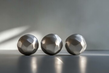 Poster - Abstract silver geometric spheres arranged on a minimalistic gray background, creating a modern and elegant atmosphere perfect for contemporary design themes