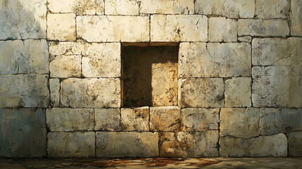 Poster - A weathered stone wall with a rectangular stone window, symbolizing mystery, history, and decay, with an empty space for text or design, suitable for creative uses.