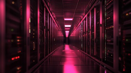 Poster - Pink Neon Lit Server Room Corridor Modern Technology Data Center Servers Network Infrastructure Digital Technology Advanced Technology Digital        