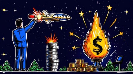 Poster - of a rocket launch soaring towards a fiery dollar symbol against a backdrop of a starry night sky symbolizing the pursuit of financial success wealth and ambitious goals through risk taking