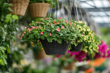 Poster - A collection of hanging baskets filled with colorful flowers, great for interior design or gardening themes