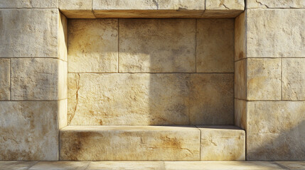 Aufkleber - A weathered stone wall with a rectangular empty space, showcasing aged stone textures and sunlight illuminating the surface, symbolizing a blank canvas or open potential.