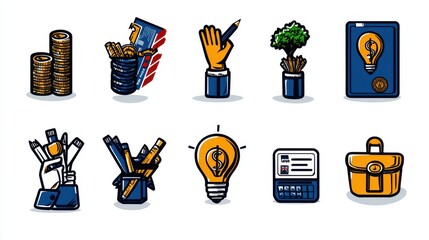 Poster - A comprehensive collection of creative and minimalist depicting various office and business related icons tools and resources  These flat design elements symbolize productivity organization