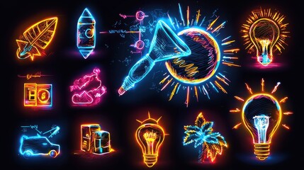 Poster - Vibrant glowing neon lights symbols and shapes in a futuristic modern and electrifying digital art or design composition  The image showcases a dynamic energetic
