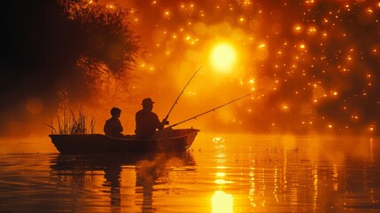 Leinwandbilder - Two individuals are fishing in a small boat on a serene lake during sunset. The sky is filled with warm orange and golden hues, creating a peaceful atmosphere as reflections dance on the water.