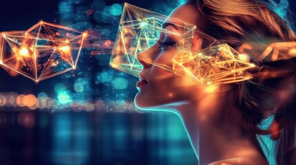 Poster - Glowing geometric shapes wireframes and prisms in a visually striking sci fi inspired digital rendering with colorful neon lights dynamic movement and a futuristic technological aesthetic