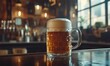 © El Media - frothy mug of beer on the bar in front view, with out-of-focus background. Web banner with copy space on the right