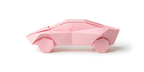 Poster - Paper-crafted pink car origami. Geometric design with angular details. Isolated on white. Minimalistic, creative, and playful.