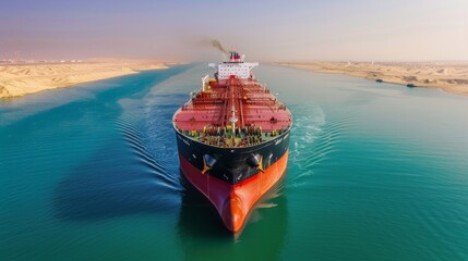 Aufkleber - A large cargo vessel moves steadily through the turquoise waters of the Suez Canal, surrounded by desert landscapes and clear blue skies, highlighting maritime trade.