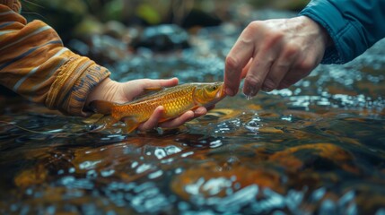 Aufkleber - Two hands gently hold a brightly colored trout above a clear stream, showcasing the joy of catch and release fishing in a peaceful outdoor environment.