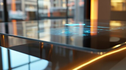 Poster - glass interactive table displaying holographic data in a bright, modern office, showcasing cutting e