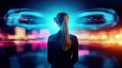 Poster - Silhouetted woman standing in a futuristic digital landscape filled with neon lights glowing geometric shapes and a surreal cyberpunk inspired atmosphere  The image evokes a sense of technology