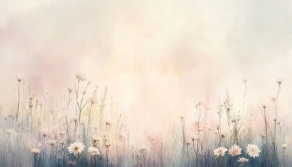 Poster - Dreamy Watercolor Background with Delicate Wildflowers and a Soft, Romantic Atmosphere