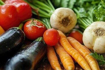 Wall Mural - Fresh produce arranged on a wooden table, perfect for market or still life photography