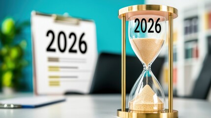 Poster - 2026 Hourglass and Calendar Symbolizing Future Planning Business Goals and Deadline for Success and Growth  Concept of Opportunity Challenge and Innovation for the New Year