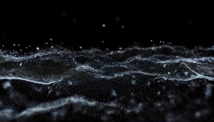 Poster - abstract digital landscape with flowing waves of particles on a dark background, suitable for creative, futuristic designs