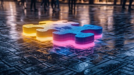 Poster - glowing colorful cubes illuminated display in futuristic modern city landscape abstract 3d cube shap