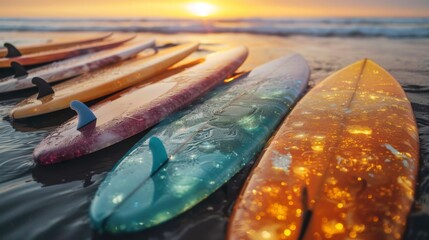 Aufkleber - Several vibrant surfboards are arranged along the wet sand at the beach, illuminated by the golden hues of a stunning sunset, creating a picturesque coastal scene.