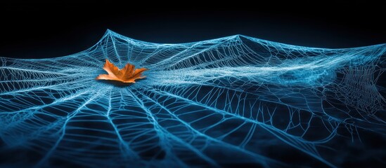 Autumn leaf trapped in spiderweb, dark background, nature detail