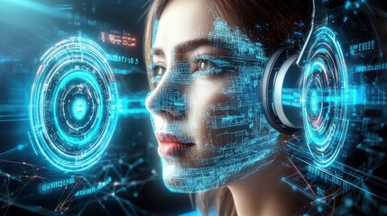 Poster - Futuristic digital female face with holographic interface displaying data analytics and technology for security surveillance and intelligence