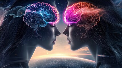 Poster - two abstract digital profiles colliding in a vibrant glowing and futuristic landscape symbolizing th